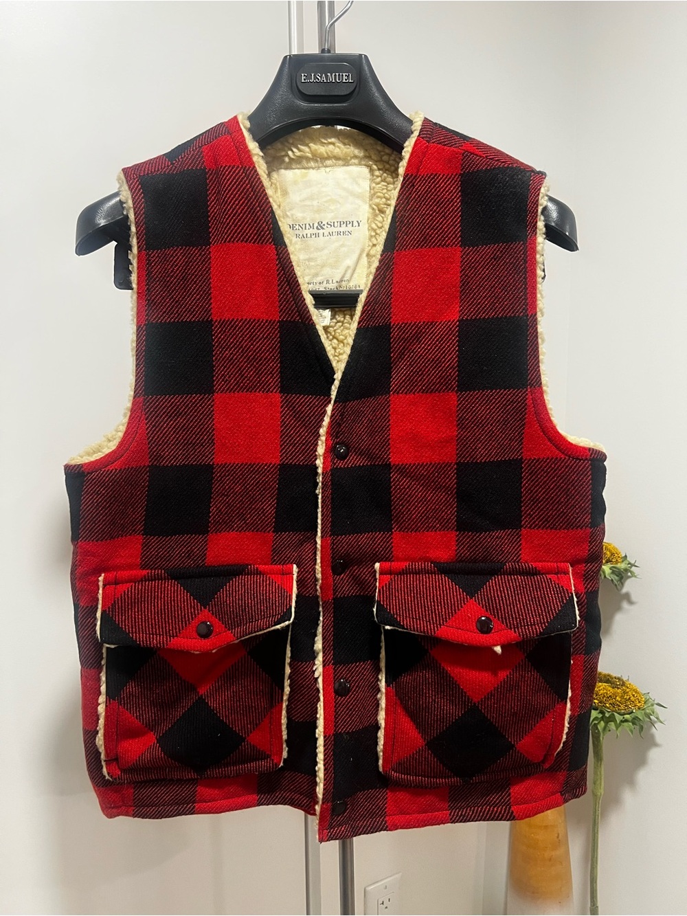Ralph Lauren Red and Black Buffalo Plaid Sherpa-Lined Vest